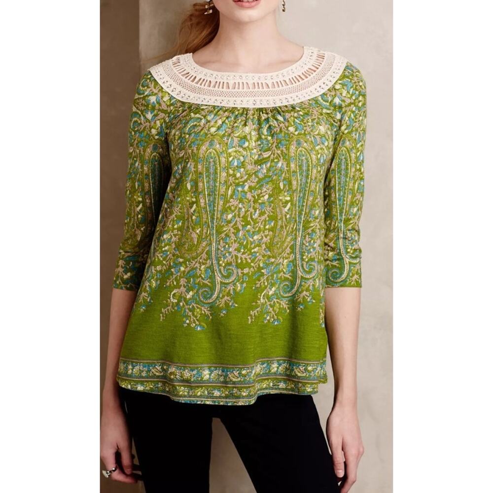 Meadow Rue Sz S‎ Earthly Delights Peasant Top Boho Crochet Floral Paisley Anthro